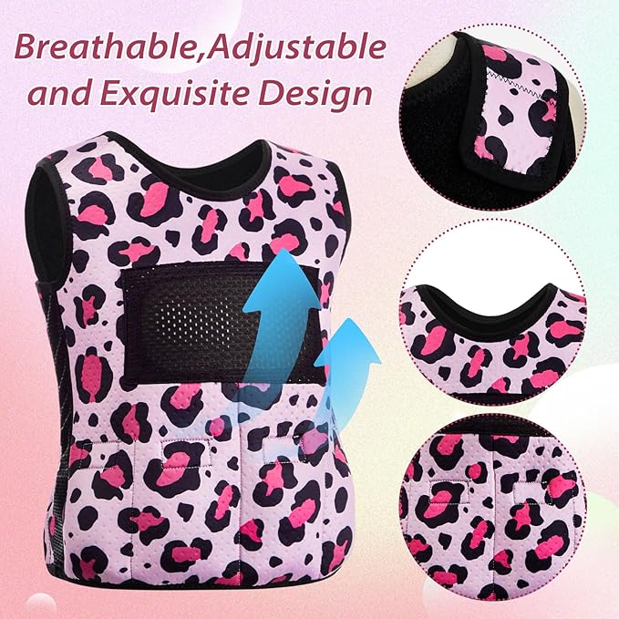 Janmercy Weighted Vest for Kids Ages 4 to 7 and Ages 8+ Boy Girl Adjustable Breathable Compression Vest for Processing Issue(Leopard Print,Small,Pink)