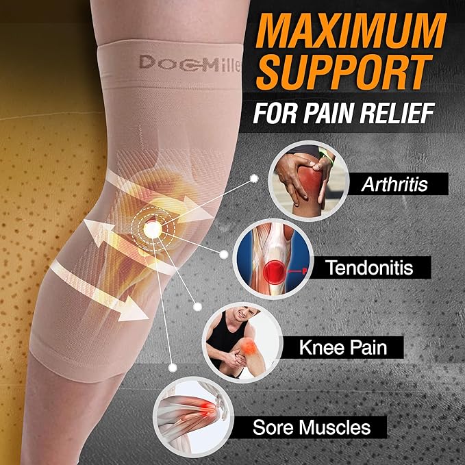 Doc Miller Knee Compression Sleeve Brace for Men & Women (Pair) Best Support for Workout Running ACL Arthritis Pain Relief