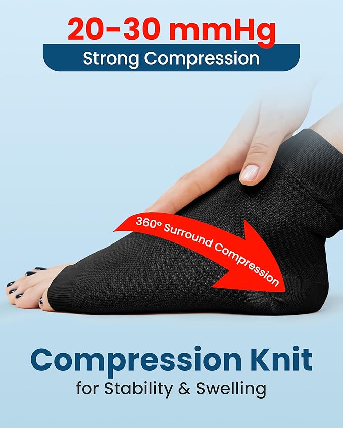 KEMFORD Ankle Compression Sleeve - 1-Pair, Plantar Fasciitis Braces - Open Toe Compression Socks for Swelling, Sprain, Neuropathy, Arch Support for Men and Women