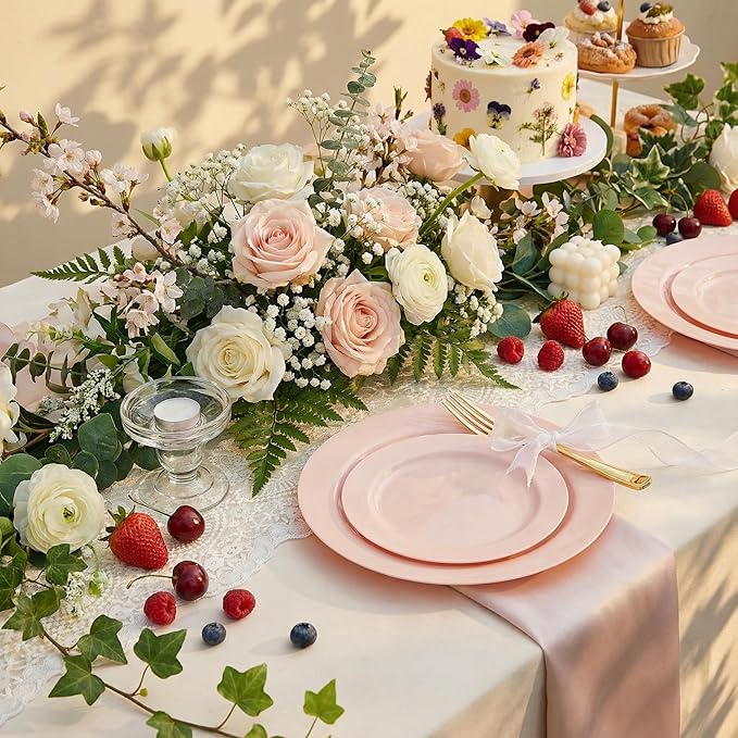 FLOWERCAT 60PCS Pink Plastic Plates - Heavy Duty Pink Plates Disposable for Easter Party&Mother's Day/Wedding - serving 30 guests Include 30PCS 10.25inch & 30PCS 7.5inch