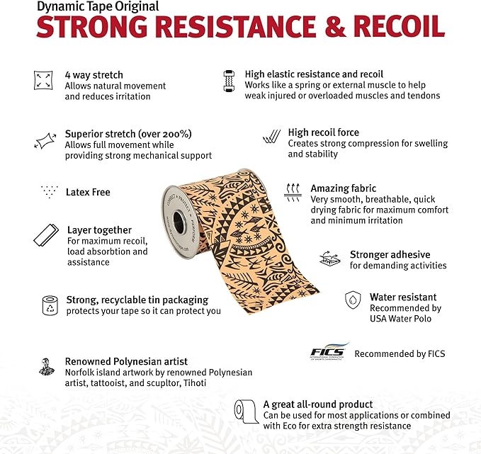 Dynamic Tape Original - Biomechanical Athletic Tape | 4 Way Stretch & Stronger Recoil Than Kinesiology Tape | Designed for Muscle & Joint Load Management | High-Load Sports Use (2" Black/Beige 6pack)