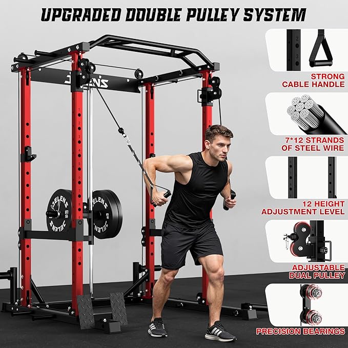 JELENS C12 Squat Rack for Home Gym, 2000LBS Power Rack with Adjustable Pulley System, Power Cage Workout Equipment with LAT Pulldown and Training Attachment
