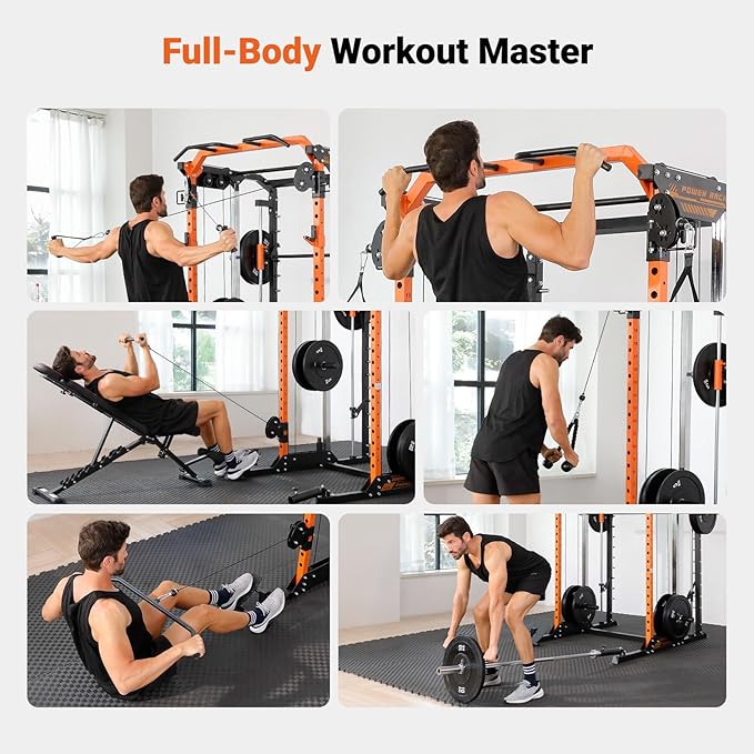 YOLEO Smith Machine & Squat Rack Combo, Multi-Functional Power Racks with Adjustable Width & Pull-Up Bar, Cable Crossover Power Cage, Independent Dual-Pulley System for Home Gym Garage Basement