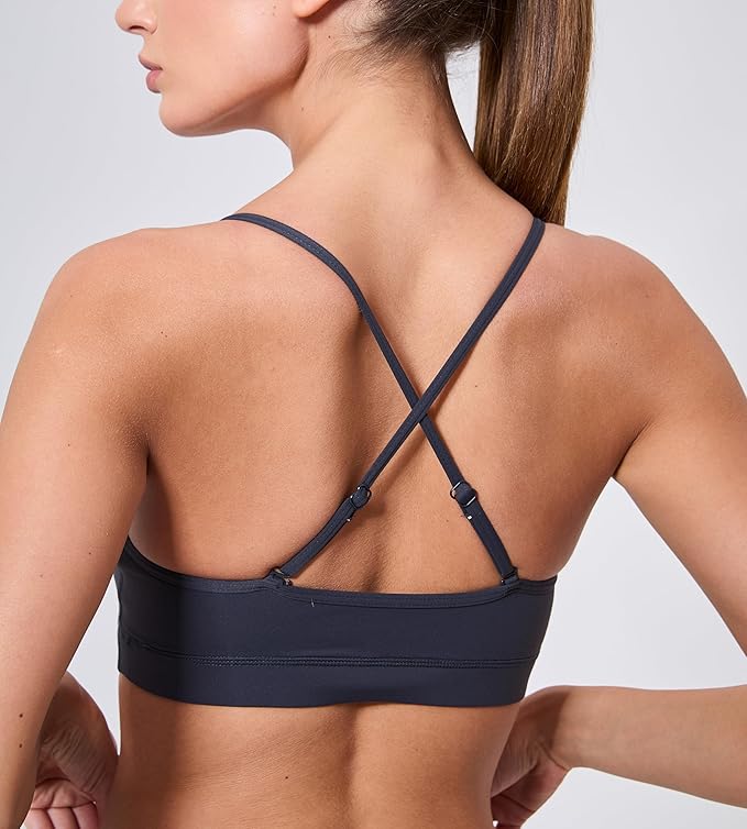 Oalka V Neck Sports Bra for Women Adjustable Padded Thin Straps Wireless Yoga Bras