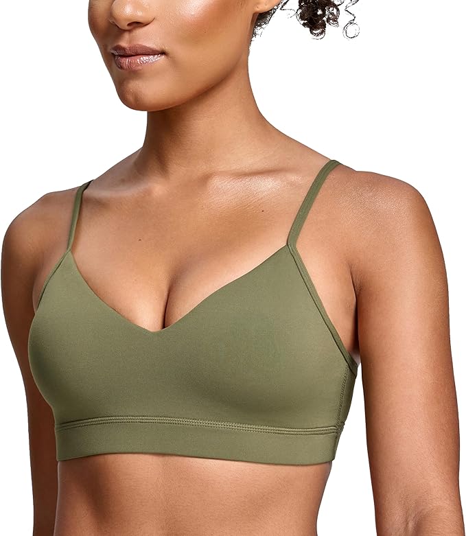 Oalka V Neck Sports Bra for Women Adjustable Padded Thin Straps Wireless Yoga Bras