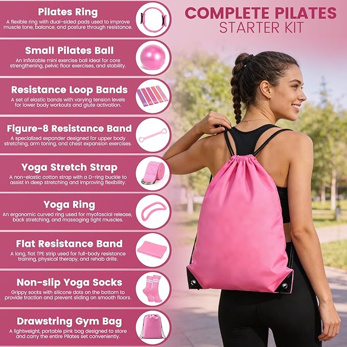 Pilates Kit for Women 13PCS, Pilates Ring and Ball Set with Magic Circle, Resistance Bands Set, Figure 8 Band, Yoga Ring & Grip Socks, Home Workout Equipment Essentials Starter Kit for Beginners