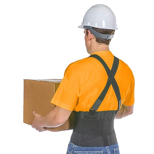 BraceAbility Work Back Brace - Industrial Lower Back Pain Protection Belt for Men and Women, Construction, Moving, Warehouse Jobs - Removable Suspender Shoulder Straps for Heavy Lifting Safety (L)