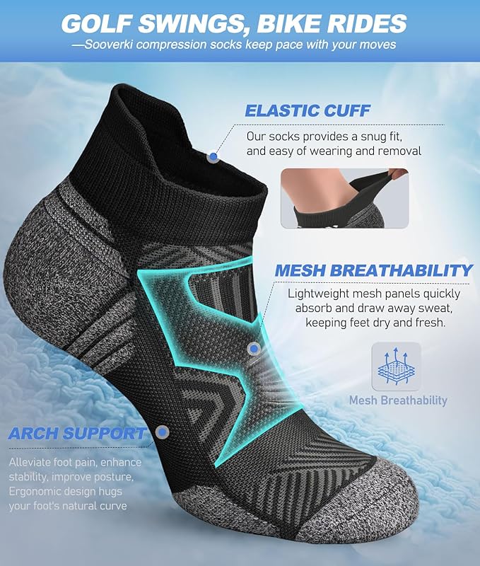 Cushioned Cotton Ankle Compression Socks for Men Women 6 Pairs Wicking Low Cut Arch Support Plantar Fasciitis Socks