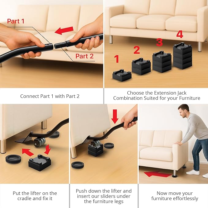 X-Protector Felt Furniture Sliders for Hardwood Floors & Furniture Lifter Tool Set - 4 PCS 3 1/2" Sliders for Furniture with Furniture Jack. Move Your Furniture Easily with Premium Furniture Movers!