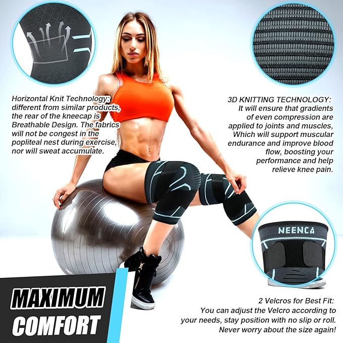 NEENCA Knee Braces for Knee Pain- 2 Pack Knee Sleeves for Pain Relief Set, Knee Compression Sleeves with Adjustable Straps for Best Fit, for Sports, Runner, Meniscus Tear, ACL, Arthritis, Joint Pain..