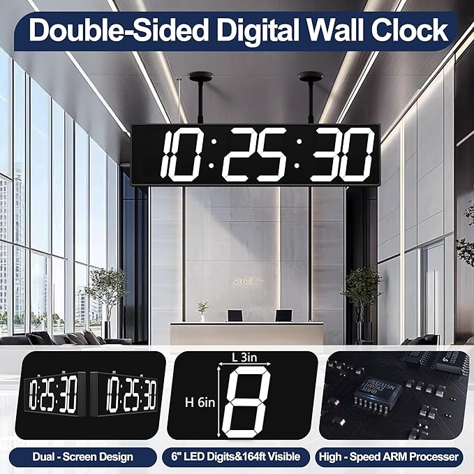 CHKOSDA Digital Clock Large Display 28" with Remote Control,Double-Sided Clock, Suspended Design for Hospitals, Factories, Airports.