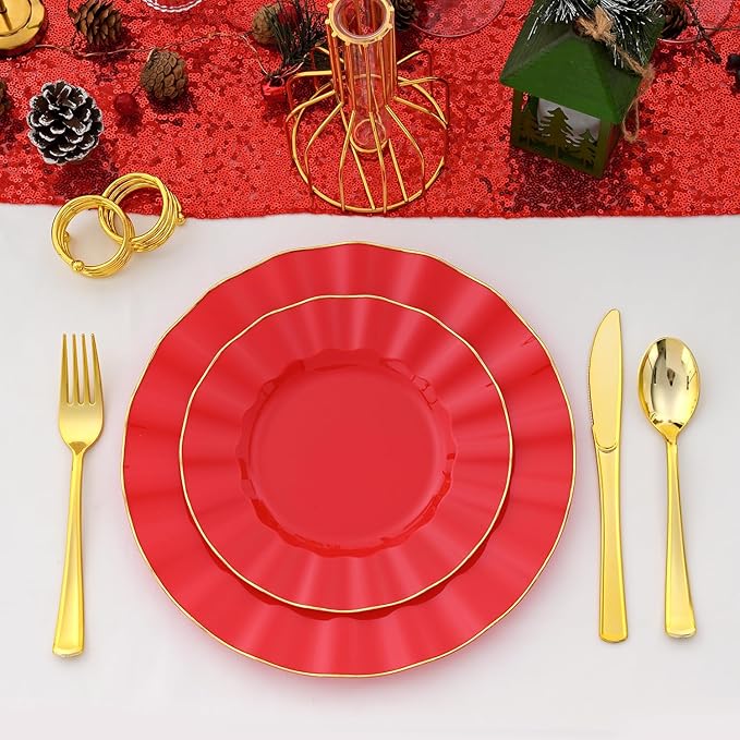 60Pcs Heavy Weight Red Plastic Plates with Gold Trim, Heavy Duty Red and Gold Christmas Plates, Elegant Disposable Plate Sets include 30 Dinner & 30 Dessert Plate for Party