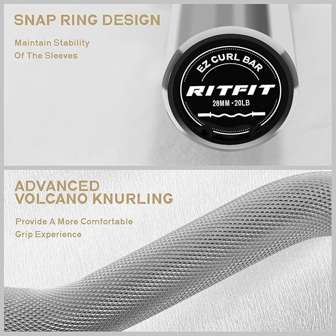 RitFit 2 Inch EZ Curl Bar with Weights, 350LBS Weight Capacity Olympic Curl Barbell for Bicep, Tricep and Weight Lifting Exercises