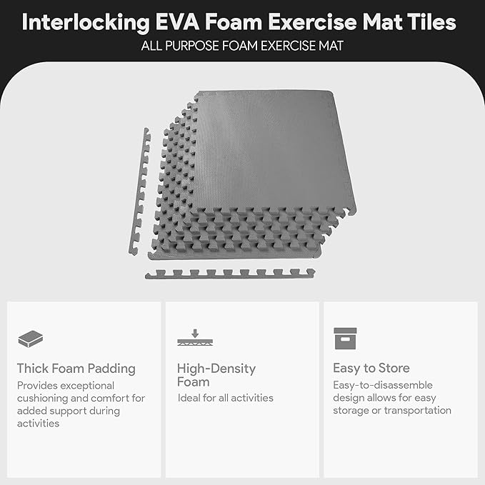BalanceFrom Puzzle Exercise Mat 1/2' Thick, EVA Interlocking Foam Floor Tiles for Home Gym, Mat for Home Workout Equipment, Floor Padding for Kids, Gray, 24 in x 24 in x 1/2 in, 24 Sq Ft - 6 Tiles