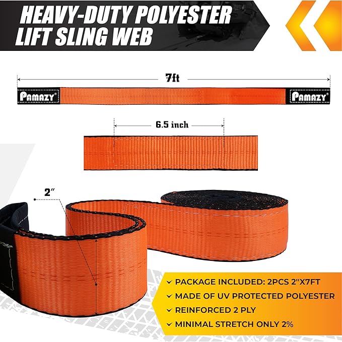 2 Pack 2”x7FT Super Sturdy Lift Sling Strap, 18800 Pound Capacity Heavy Duty Eye-Eye Nylon for Hoist, 2-Ply Twist Polyester Rigging, Tree Saver Recovery Web Sling Winch