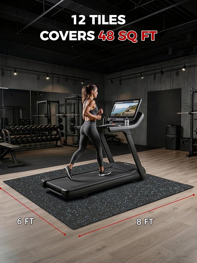 0.56in Thick 48 Sq Ft Exercise Equipment Mats, 12 Tiles Rubber Top EVA Foam Workout Mats, Interlocking Gym Flooring for Home Gym, 24 x 24in, Black & Blue