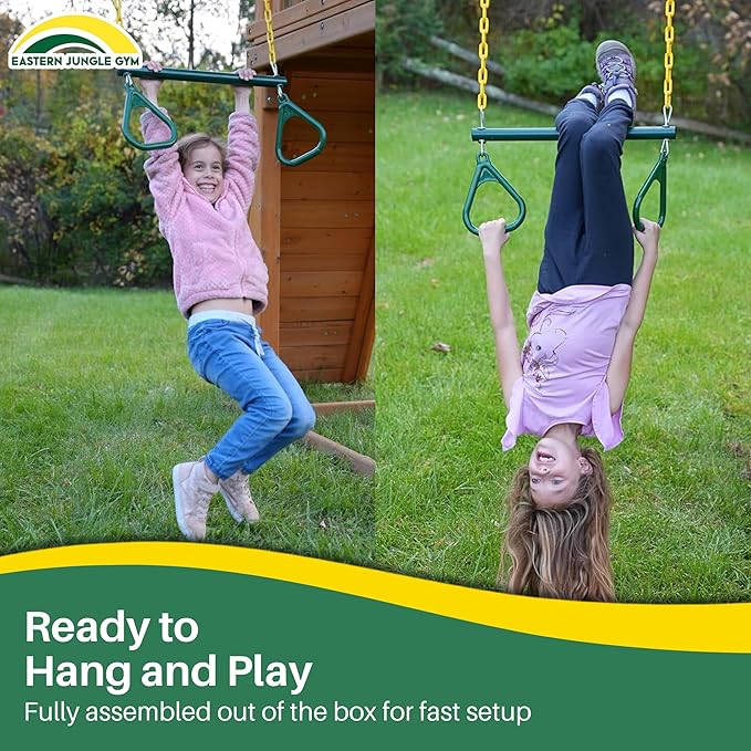 Eastern Jungle Gym Heavy-Duty Ring Trapeze Bar Combo, Large 20" Trapeze Swing Bar with Triangular Gymnastic Rings and Pinch-Free Coated Swing Chains 43" Long