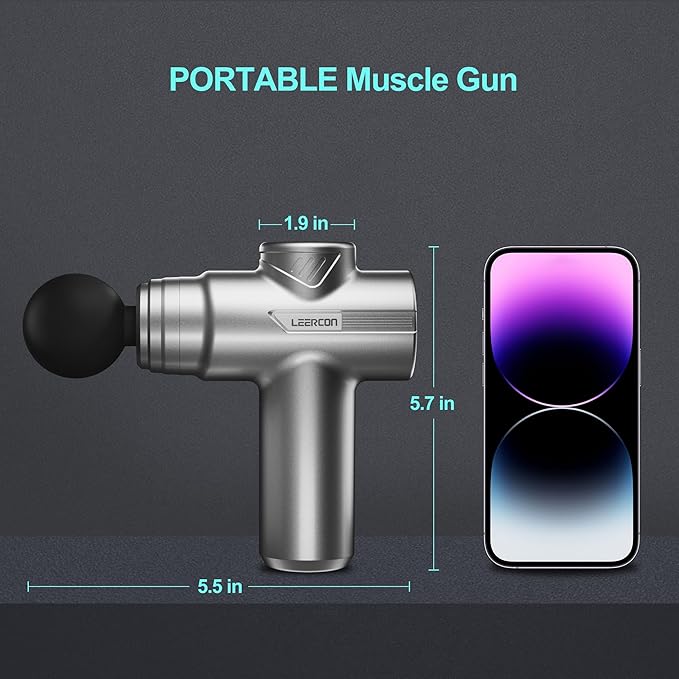 LEERCON Mini Massage Gun, Deep Tissue Relief, 6 Speeds, 4 Heads, Portable for Travel, Office & Home, Gift for Men & Women (Gray)