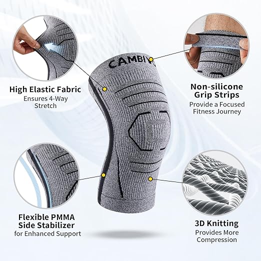 CAMBIVO Knee Brace for Women & Men, 2 Pack Lightweight Latex Free Knee Compression Sleeves with Side Stabilizers for Knee Pain Relief, Running, Walking, Workout & Daily Support (Gray, Large)