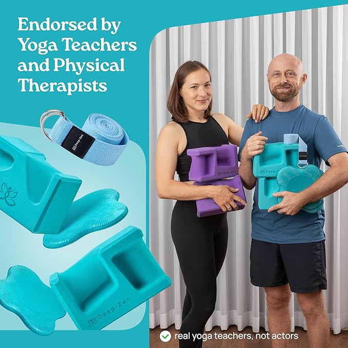 PRO Yoga Blocks | Ergonomic Yoga Block 2 Pack for Wrist Comfort and Support | EVA Foam Exercise Blocks, 2x Knee Pads & Yoga Strap | Pilates Block Set | Bricks to Eliminate Wrist Pain