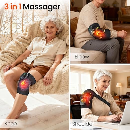 Heated Knee Massager Vibration Cordless Knee Brace， 3-in-1 Heating Pad for Elbow Shoulder， 3 Heat Levels and 3 Massage Heads Knee Brace Wrap Gifts for Mom Dad