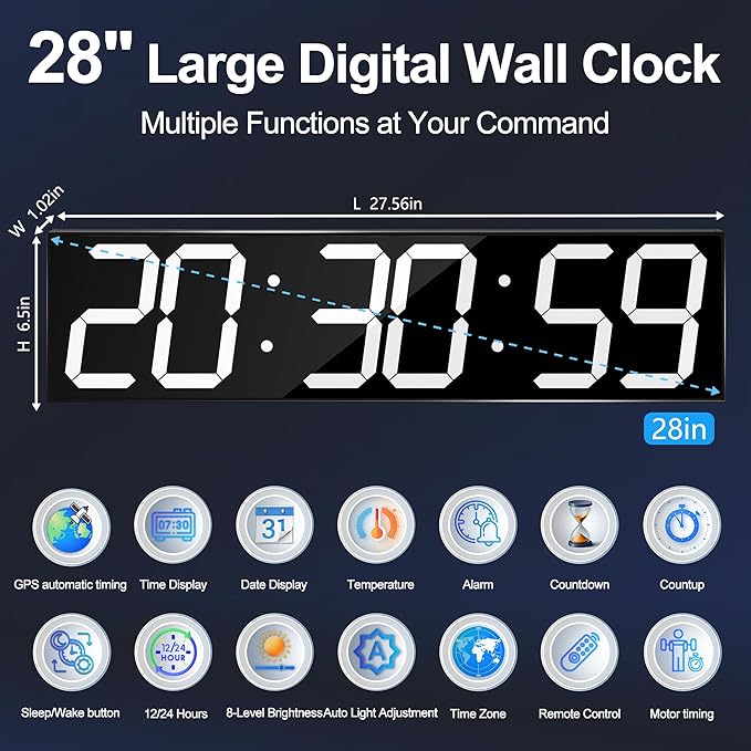 CHKOSDA Large Digital Wall Clock 28" with GPS Auto-Sync, Remote Control & Timer, Wall-Mounted for Classroom, Office, Gym, Conference Room