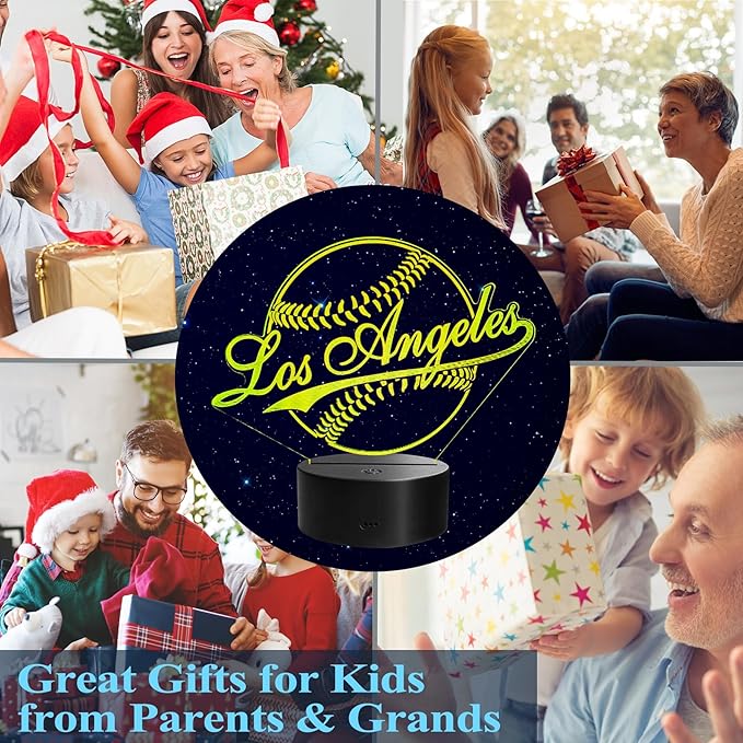 Baseball Los Angeles Night Light, LA Baseball Sport Gifts for Boy, 3D Illusion Lamp with Remote Control, 16 Colors Changing, RGB Flashing Mode and Dimmable, Gifts for Boys Christmas Decor