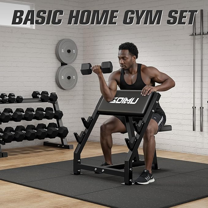 PC01 Preacher Curl Bench, Seated Arm Isolated Barbell Dumbbell Bicep Station, Adjustable Bicep Curl Machine with 2 Bar Holders for Home Gym