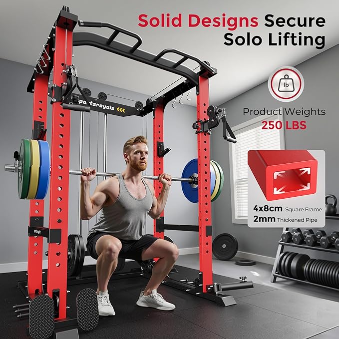 SPORTSROYALS Power Rack, Multi-Functional Power Cage, Squat Rack with Pulley System & LAT Pull Down, Workout Cage with J Hooks for Home Gym