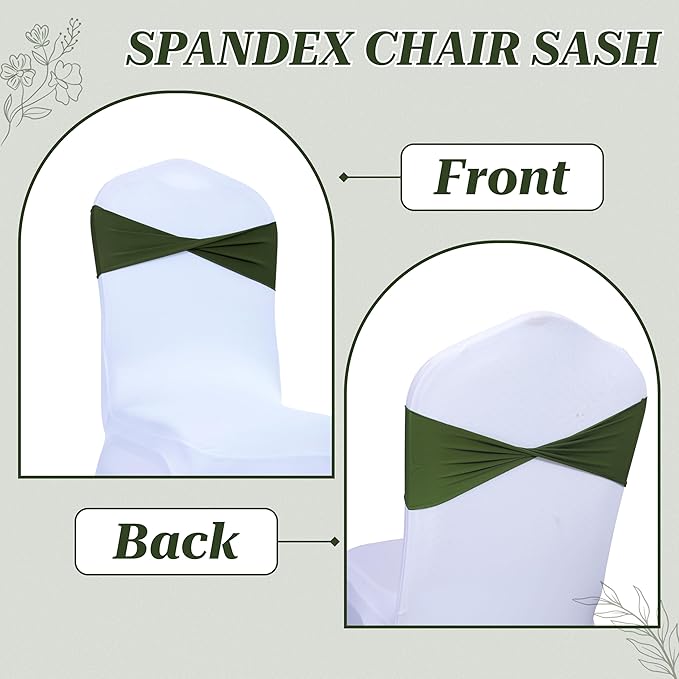 MDS Pack of 25 Spandex Chair Sashes Bows Elastic Stretch Dining Chair Bands Ties Without Slider Buckle Universal fits for Wedding Baby Shower Birthday Party Banquet Event Decoration - Olive Green