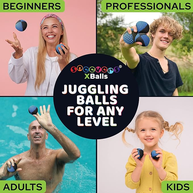 speevers Juggling Balls for Beginners and Professionals Set of 3, 15 Colors Available, 2 Layers of Net and Carry Case, Xballs Juggling Balls (Black - Blue, 3.2 oz)
