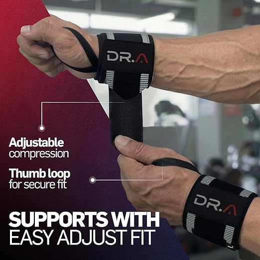 Dr. Arthritis Weight Lifting Wrist Wraps with Thumb Loop, Heavy-Duty Wrist Straps for Weightlifting, Hybrid Training, Olympic Lifts & Calisthenics, Non-Slip Gym Wraps for Men & Women (Black-Grey Stripes)