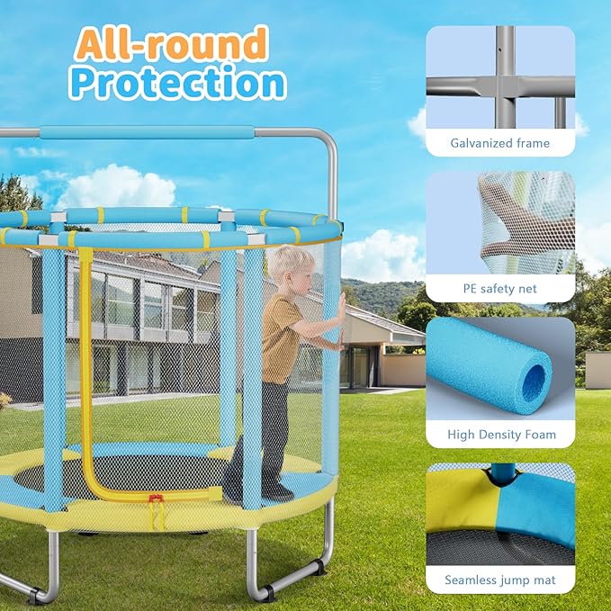 HomeCare 55" Trampoline for Kids, 440lbs Capacity ASTM-Approved Mini Toddler Trampoline with Safety Enclosure Net,4 in 1 Adjustable Gymnastics Bar & Toys, Indoor & Outdoor, Gifts for Boys & Girls Age