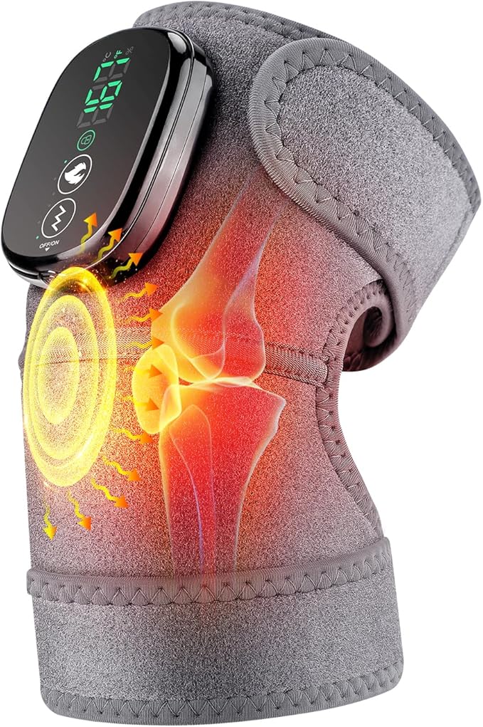Cordless Heated Knee Massager, FSA Eligible 3-in-1 Wearable Wrap for Knee, Elbow and Shoulder, 5000mAh Rechargeable Heat and Vibration Massager, Gray, 1 Pack