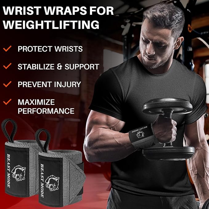 TECEUM Weightlifting Wrist Wraps with Thumb Loop – Gray – Beast Mode – 12 inch – Heavy-Duty Workout Wrist Support & Protection – Ideal for Powerlifting, Strength Training, Bodybuilding