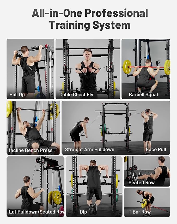 Mikolo M4 2.0 Smith Machine, 2200lbs Squat Rack with LAT-Pull Down System & Cable Crossover Machine, Training Equipment with Leg Hold-Down Attachment