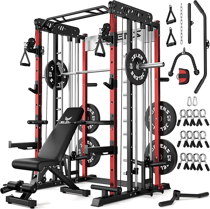 JELENS Smith Machine for Home Gym, Multi-Function M12 Power Cage with Cable Crossover System, Squat Rack with Smith Bar and More Attachment