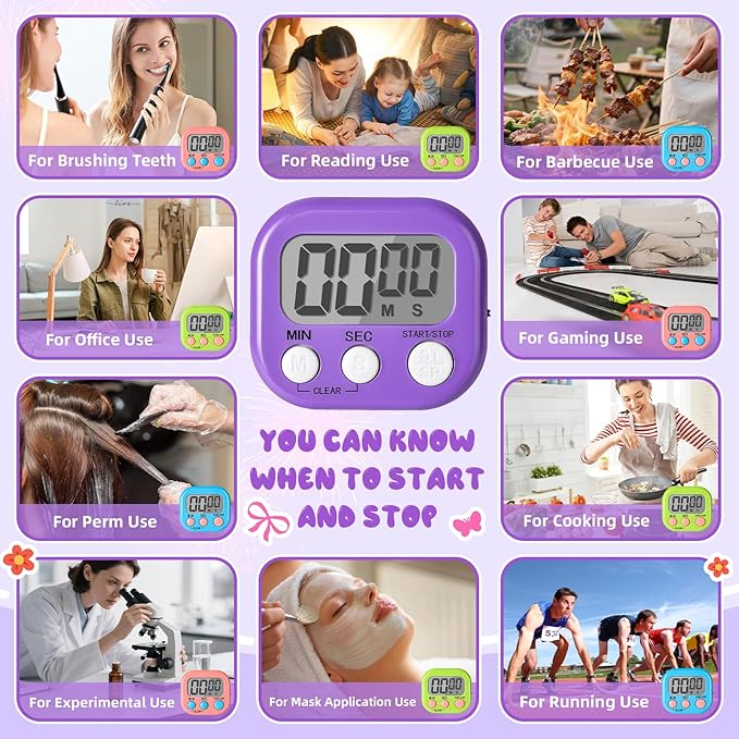 24 Pcs Multi-Function Electronic Timer Small Digital Kitchen Timer Digital Timer with Stickers Magnetic Back for Cooking Classroom Study Gym with Countdown/Up Mode,4 Colors