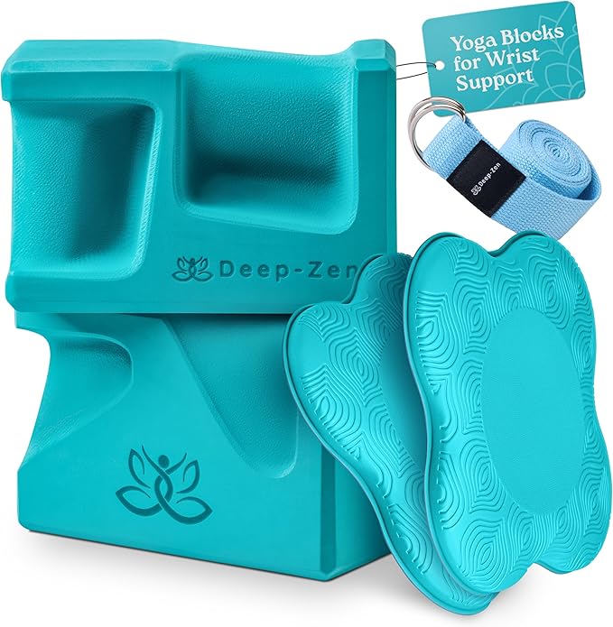 PRO Yoga Blocks | Ergonomic Yoga Block 2 Pack for Wrist Comfort and Support | EVA Foam Exercise Blocks, 2x Knee Pads & Yoga Strap | Pilates Block Set | Bricks to Eliminate Wrist Pain