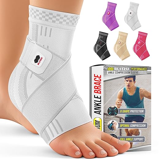 BLITZU Ankle Brace for Women, Men, Plantar Fasciitis Relief, Achilles Tendonitis Brace for Sprained Foot, Ankle Compression Sleeve with Strap White XL