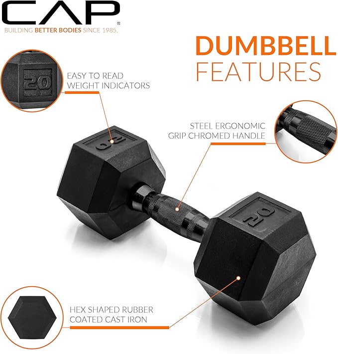 CAP Barbell Coated Hex Dumbbell Weight - Single | 10-120 lbs | Multiple Options