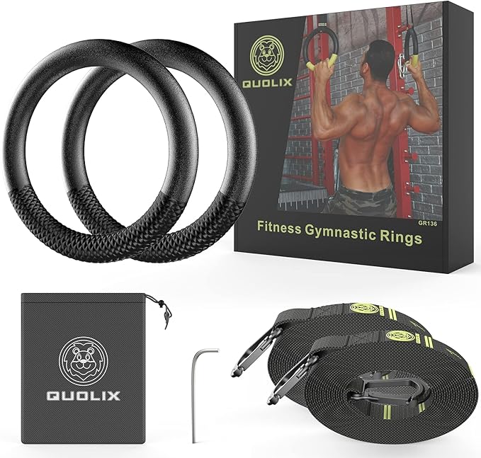 QUOLIX Gymnastic Rings with Adjustable Straps, Non-Slip Pull Up Rings with Straps, 1300lbs Exercise Rings with Straps for Home, Gymnastics Rings for Home Gym, Workout, Exercise, Training, Calisthenic