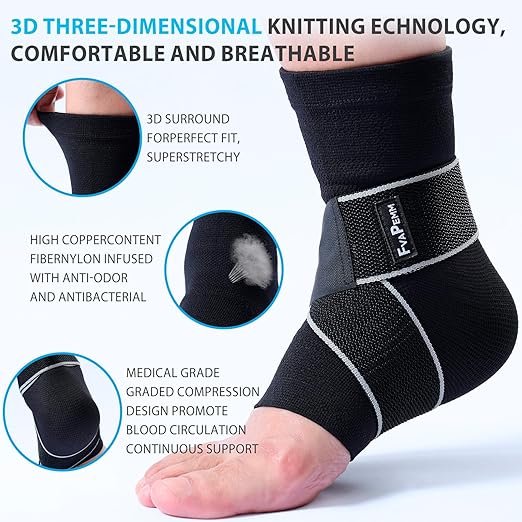 Ankle Support Brace for Women Men, 1 Pair Achilles Tendonitis Brace for Plantar Fasciitis Relief, Copper Infused Ankle Compression Sleeve with Adjustable Strap, Support for Sprained Ankle, Day&Night, Black, M