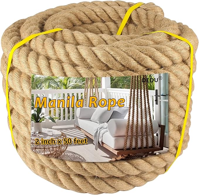 Manila Rope 2 Inch X 50 Ft, Thick Hemp Rope 4 Strand Twisted, Natural Hemp for Crafts Heavy Duty Multipurpose for Swing Bed, Camping, Tug of War, Docks, DIY Projects.