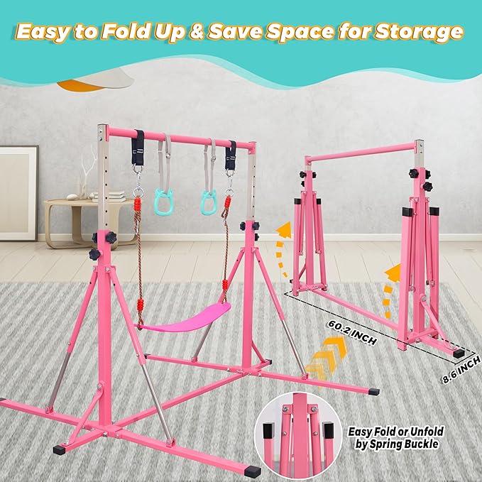 Foldable Gymnastics Bar,5FT Horizontal bar,Adjustable Kids Training bar for Kids Ages 3-15,Kids Gymnastics bar,Triangle Stable Structure-Gym Equipment for Home
