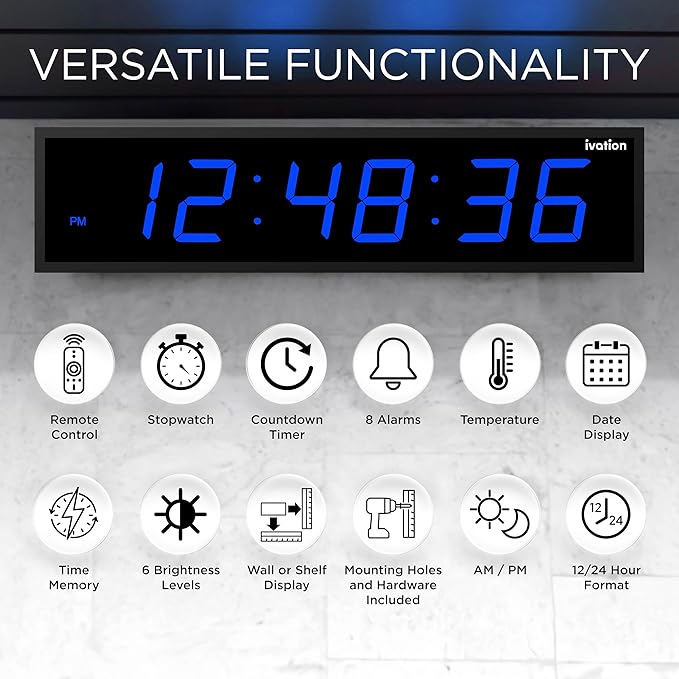 Ivation Huge Oversized 72" Large Digital LED Clock | Big Digital Clock w/Multi-Function Display – Stopwatch, Timer, Alarms, Temp & Date | 6 Brightness Levels, Time Memory & Remote (Blue)