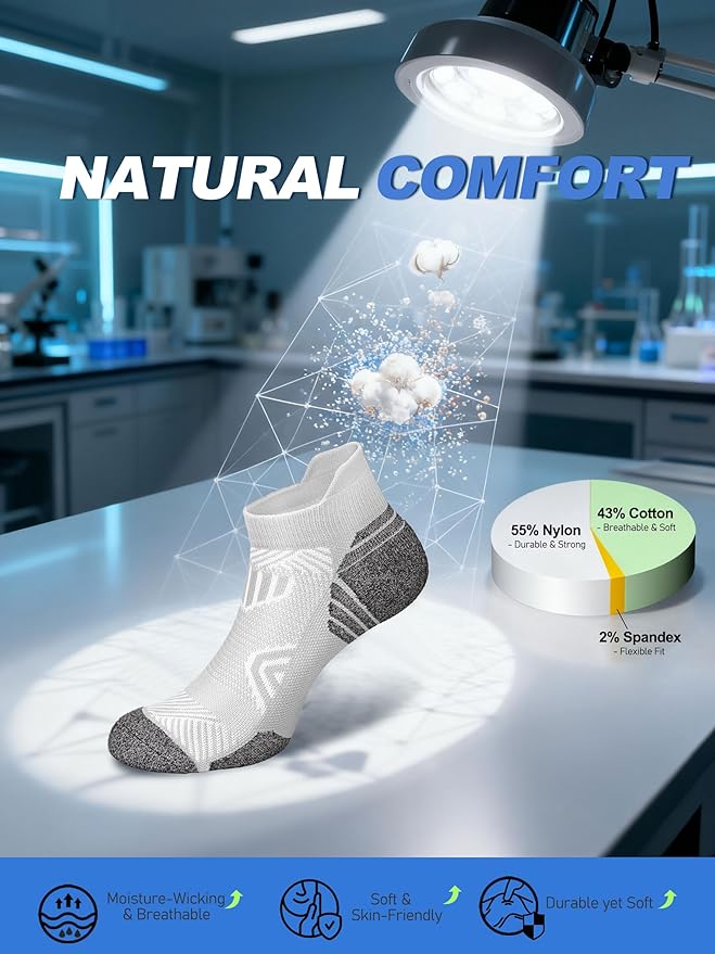 Cushioned Cotton Ankle Compression Socks for Men Women 6 Pairs Wicking Low Cut Arch Support Plantar Fasciitis Socks