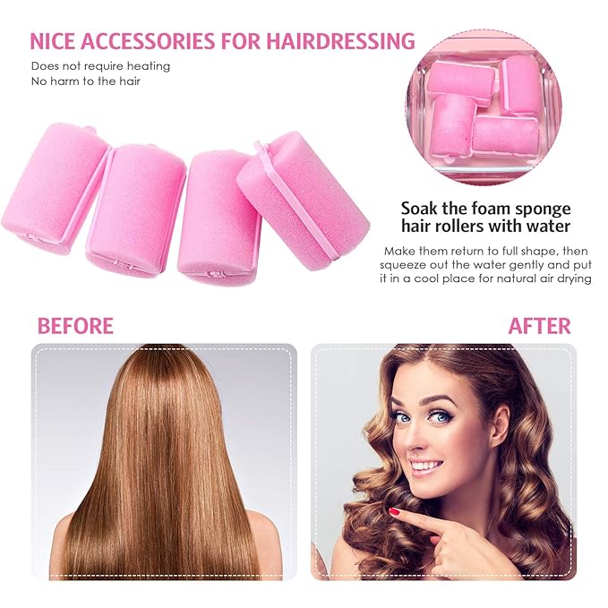 Syhood 48 Pcs Foam Sponge Hair Rollers Soft Sleeping Curlers Flexible Sponge Curler and Rat Tail Comb for Women Hairdressing Styling(Pink,1.57 inch)