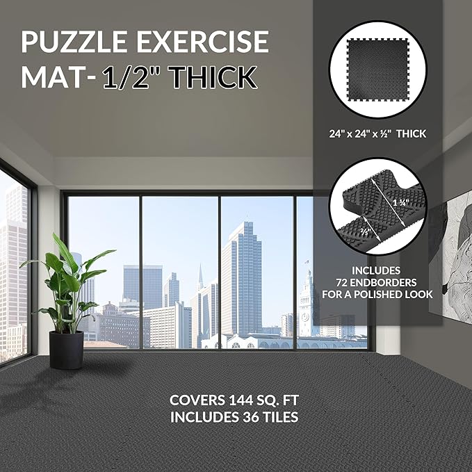 Fitvids Puzzle Exercise Gym Flooring Mat, 1/2" Thick High-Density EVA Interlocking Tiles Workout Mat for Home Gym, Fitness Equipment, MMA, Gymnastics, 36-Piece Shock-Absorbing Exercise Mat (144 Sq Ft)