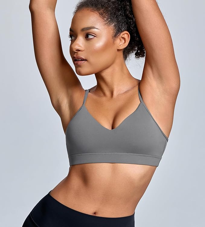 Oalka V Neck Sports Bra for Women Adjustable Padded Thin Straps Wireless Yoga Bras